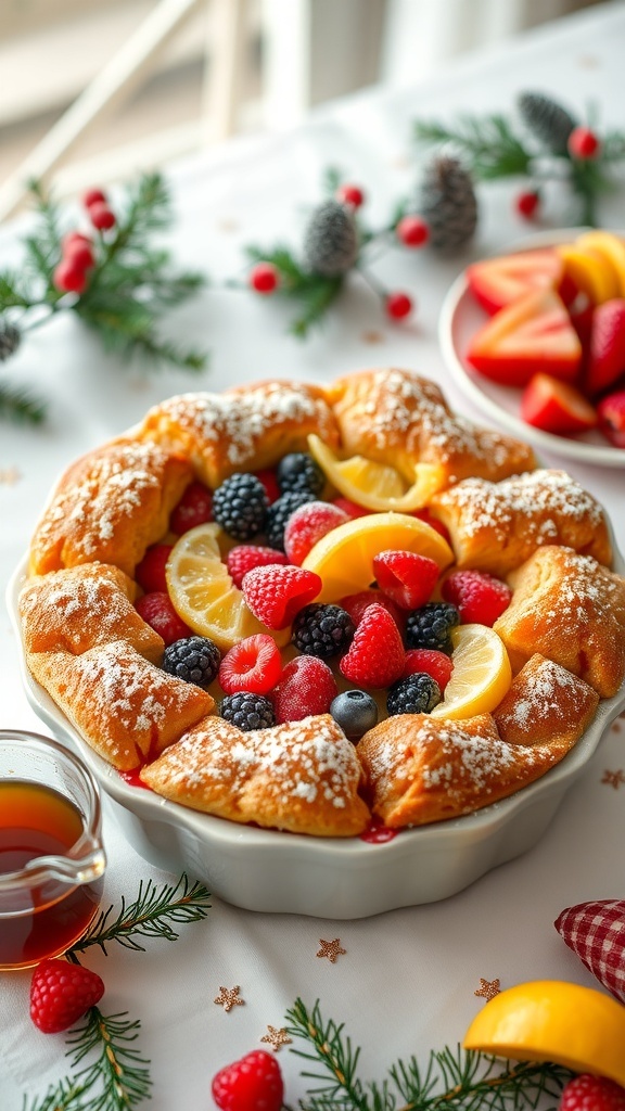 A golden Christmas breakfast bake with berries, dusted with powdered sugar, on a festive table.